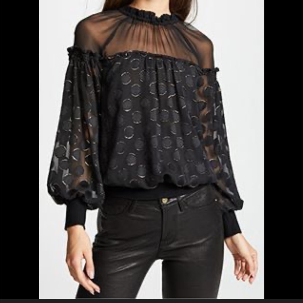 Ramy Brook Black Sheer Dot-Textured Off-Shoulder Blouse
